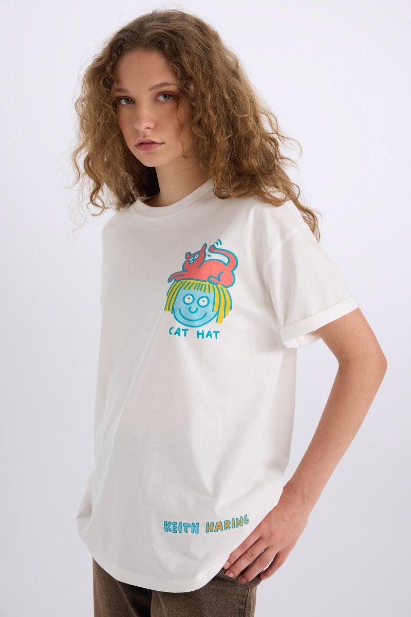 DeFacto White Woman Keith Haring Oversize Crew Neck Back Printed T-Shirt Casual - Image 4